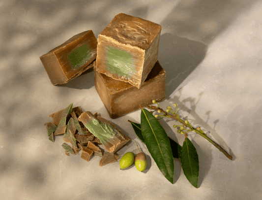 Adira Earth graphic showcasing natural skincare products, including Aleppo soap and loofahs, with a focus on eco-friendly and sustainable materials.