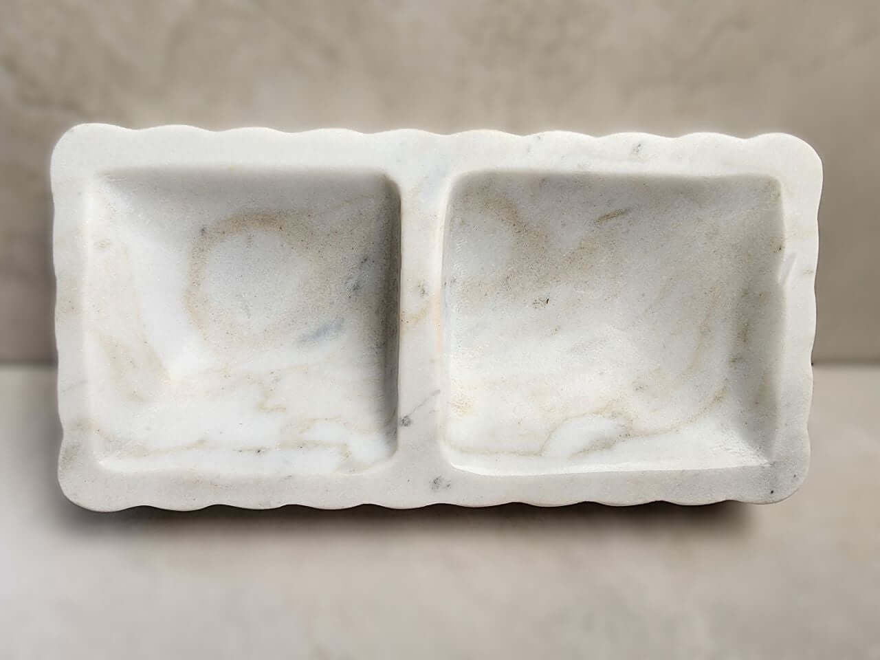 Elegant dual-compartment marble soap dish for bathrooms, showcasing natural stone variations for a sophisticated touch.